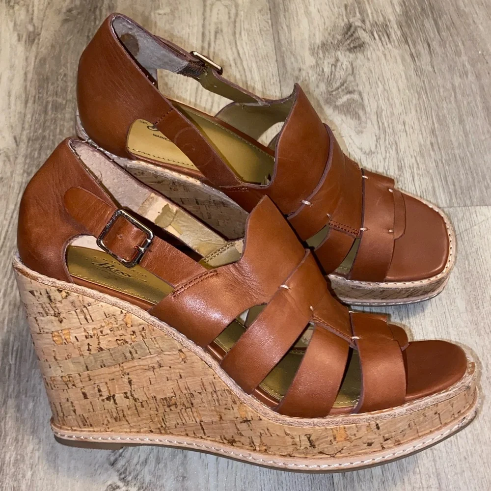 G HBass & Co Wedges Taylor Camel Brown Leather Strappy Platform Cork Heel sz 8M - Picture 4 of 16